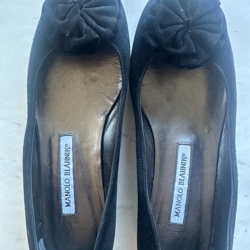 Manolo Blahnik Black Flats with Rosette Accent